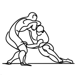 wrestlers in battle, two, single line vector drawing, black line on a white background