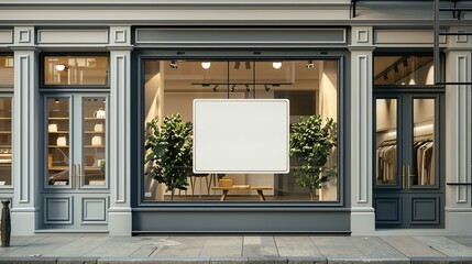 The image shows a modern storefront with a large glass window on the left surrounded by dark gray trim on the left.