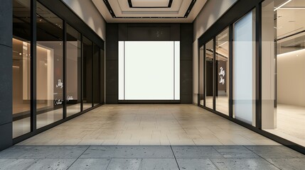 The image is a perspective view of an empty shopping mall. The floor is made of marble tiles, and...