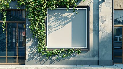3D rendering of a blank advertising billboard on a  building with ivy growing on it.