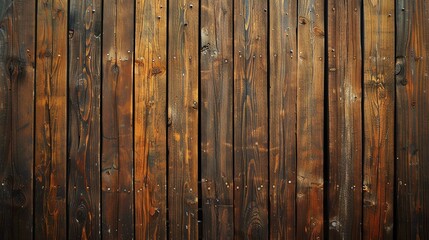 The image is a close-up of a wooden fence. The fence is made of vertical planks of wood that are stained a dark brown color.
