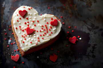 Creative food concept. Heart shape white sugar icing frosting chocolate cake with red love sprinkle...