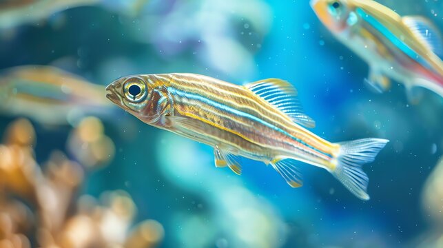 A beautiful closeup of a zebrafish. The fish is in focus and has a blue background. The fish is a popular aquarium fish and is known for its stripes.
