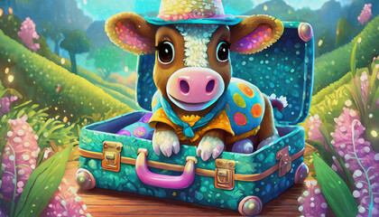 oil painting style CARTOON CHARACTER CUTE baby cow sitting on open suitcase the pet in the trip