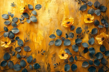 Flower and golden grain abstract art prints. Oil on canvas. Brush the paint. Modern art. Prints,...