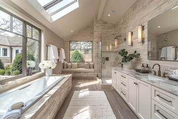 A large modern bathroom with a skylight, double vanity and marble floors in an opulent mansion in the Hamptons. Created with Ai - obrazy, fototapety, plakaty