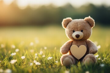 Adorable bear with red heart sitting on green grass field, cute teddy bear in nature scene - Powered by Adobe