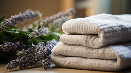 Tranquil spa with soft towels, herbs, cosmetics and white blurred background - relaxation concept