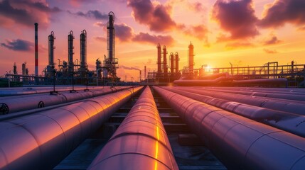 A sunset over a large industrial area with many pipes