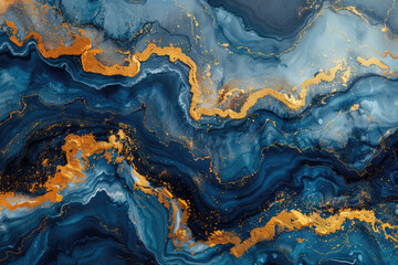 Abstract Blue and Orange Geode Background, with fluid marble textures and swirling patterns. Created with Ai - obrazy, fototapety, plakaty