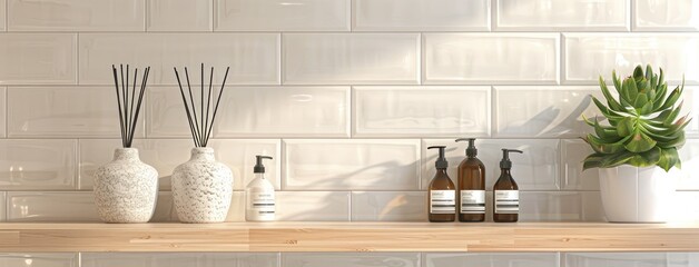 Fototapeta premium a bathroom featuring a light-colored oak shelf adorned with small bottles of body care products, a delicate glass aroma diffuser and white ceramic pots housing succulents.