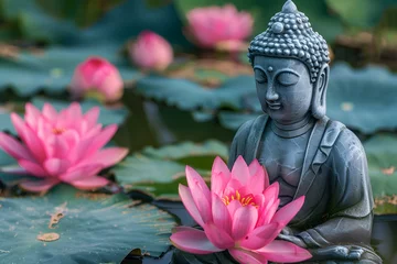 Foto op Canvas A serene scene of lotus flowers and a buddha statue, representing spirituality and calmness. Suitable for meditation and mindfulness purposes. © ELmahdi-AI