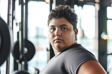 Portrait of a nice fat boy in the gym