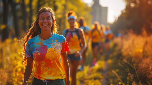 5. Walk for a Cause: Against the backdrop of a picturesque park or city skyline, participants don colorful t-shirts and lace up their sneakers to embark on a charity walk or run, r - Powered by Adobe