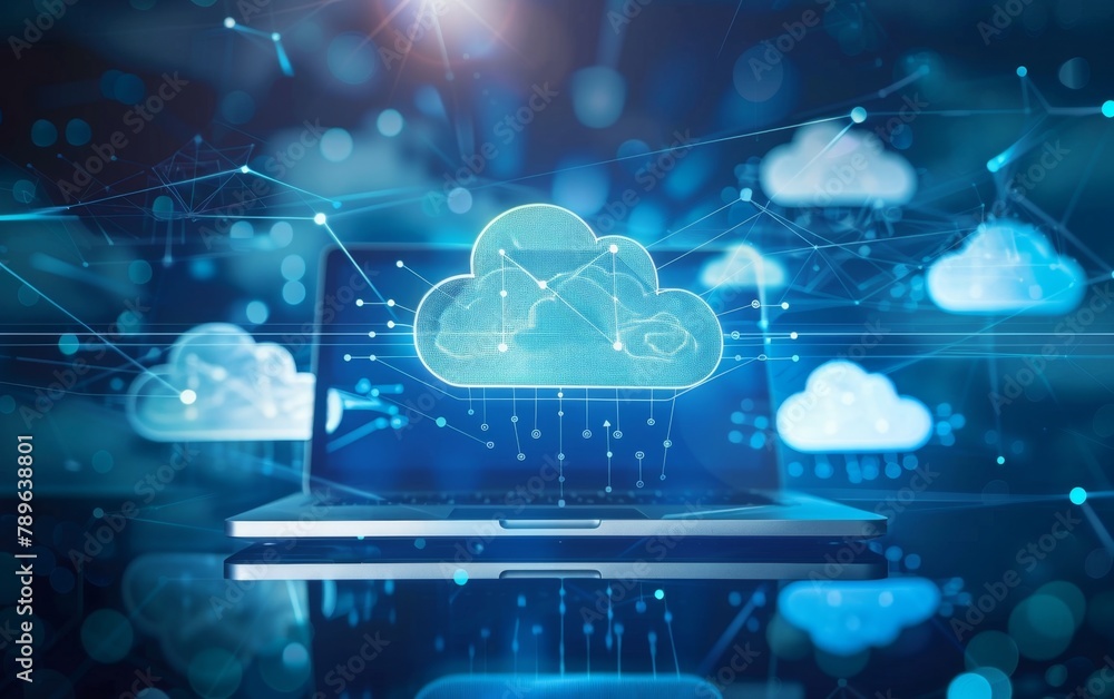 Poster a digital illustration of cloud computing with laptop and multiple clouds connected to each other on