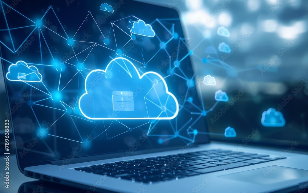 Poster a blue background with cloud icons connected to each other and above the laptop, symbolizing technol