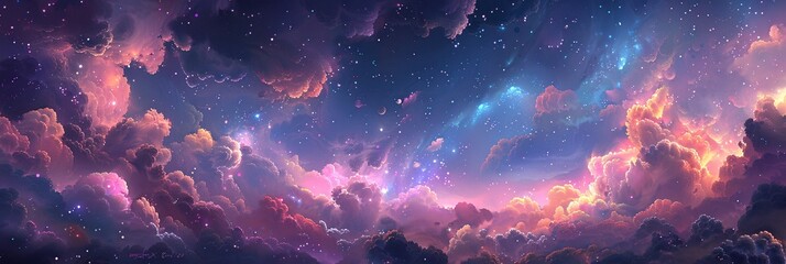 Fantasy Drawing of a Sky Cloud Space Galaxy Background with Stars in Bright Colors