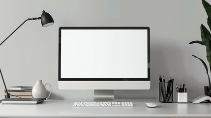 A desk with a computer, keyboard, mouse, lamp, vase, books, pencils, and a plant on it. The desk is made of wood and the background is white.