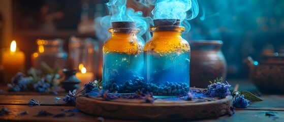 Enchanted Brew: A Mystic Elixir Amidst Witches' Charms. Concept Fantasy Potions, Bewitched Ingredients, Magic Cauldron, Witchcraft Rituals, Mystic Elixirs - obrazy, fototapety, plakaty