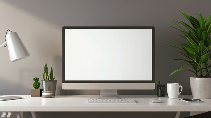 A desk with a computer, a lamp, a coffee cup, a plant, and a keyboard. The desk has a white top. The computer has a blank screen. The lamp is white.