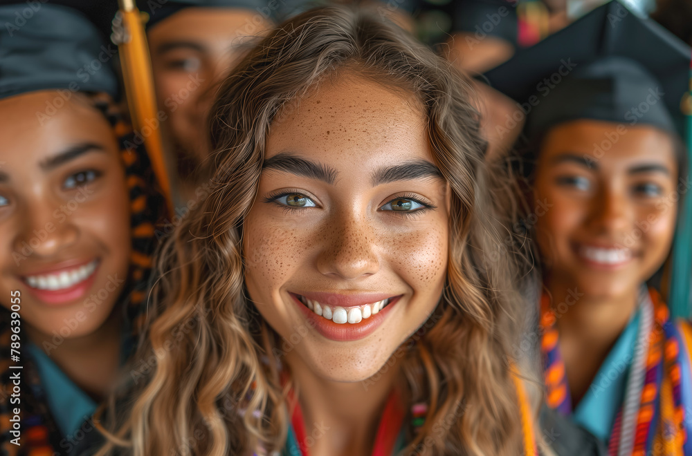 Wall mural Multiracial graduates smiling closely