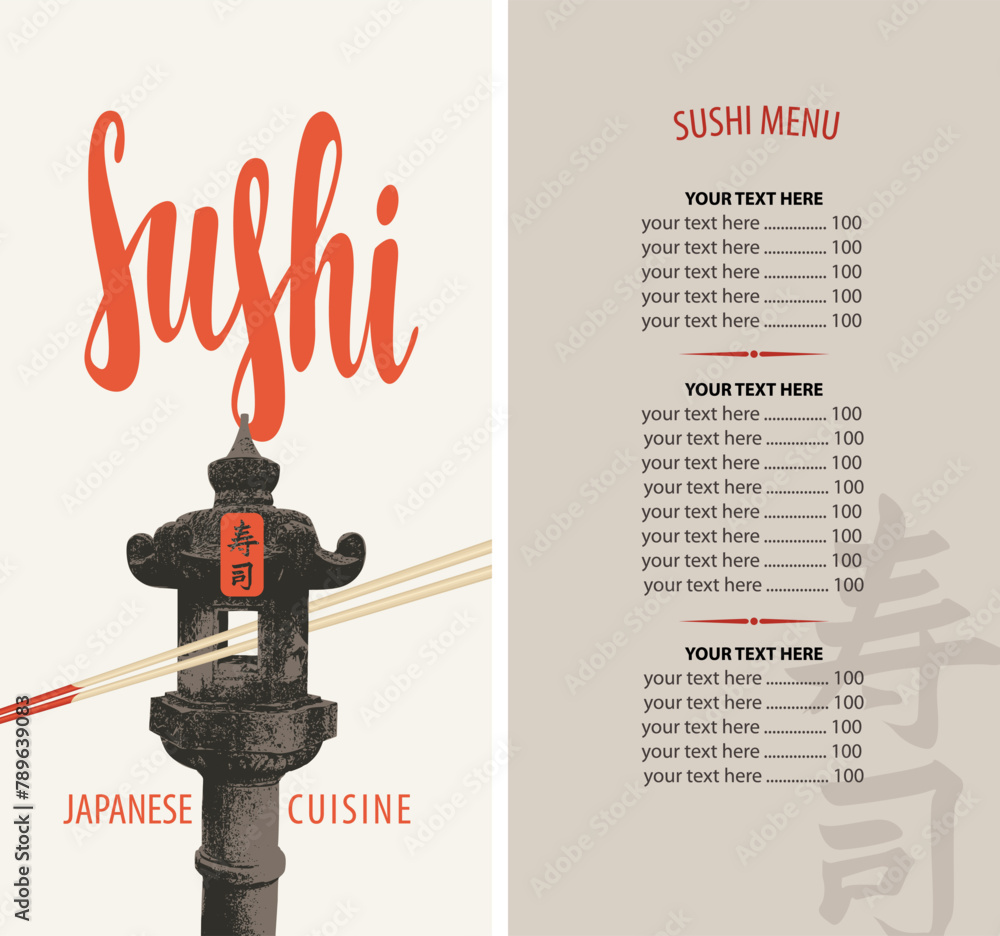 Aufkleber vector menu and price with calligraphic inscription sushi and chopsticks on light background with ja