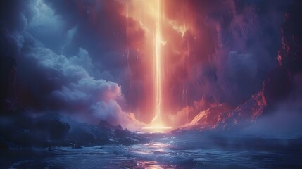 Beacon of Hope Amidst Fantasy Gorge. Concept Fantasy Gorge, Beacon of Hope, Magical Enchantment, Light Against Darkness - obrazy, fototapety, plakaty