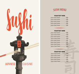 Vector menu and price with calligraphic inscription Sushi and chopsticks on light background with japanese stone lantern. Japanese cuisine. Hieroglyph Sushi.