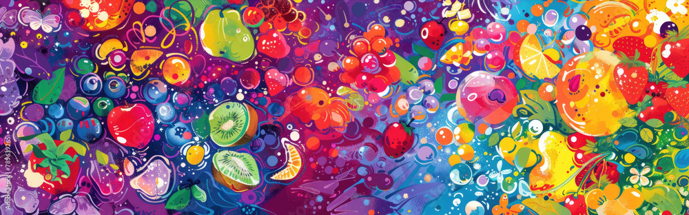 Poster a painting featuring vibrant and colorful bubbles floating on a solid purple background, creating a 