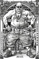 Fototapeta premium A detailed black and white drawing of a powerful sumo wrestler in traditional mawashi attire, ready to engage in a match