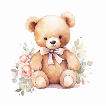 Teddy bear with bow tie and flowers. Watercolor illustration in warm tones isolated on white background. Gift and celebration concept for greeting cards and nursery decoration