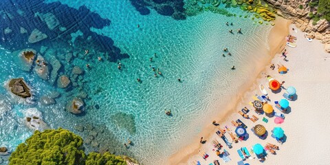 Aerial View of a Beautiful Beach With Clear Turquoise Water and Sunbathing People
