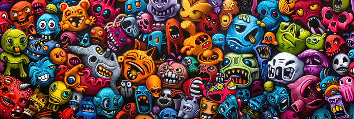 Fototapeta na wymiar A multitude of vibrant monsters gathered together in various shapes and sizes, showcasing an array of colors and features