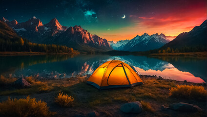 Tent tourist night, mountains vacation