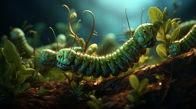 Dramatic depiction of caterpillars competing for scarce resources on a plant, focusing on their interaction and struggle