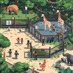Pixel zoo scene, visitors, and various pixel animals in enclosures