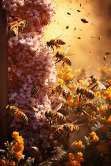 Dramatic scene of bees and wasps clashing near a hive, a flurry of activity emphasizing the ferocity of their territorial dispute