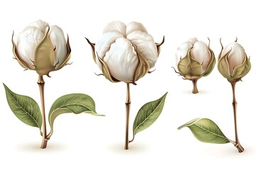 Cotton Plant Boll Realistic Set. Ripe cotton boll opened seeds case realistic set of 3 plant parts isolated vector illustration . - obrazy, fototapety, plakaty