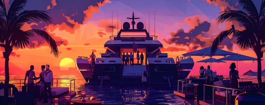 Pixelated luxury yacht scene, sunset, party guests, and elegant decor
