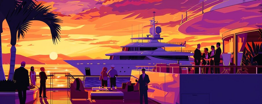 Pixelated luxury yacht scene, sunset, party guests, and elegant decor