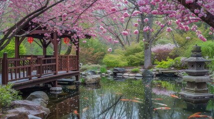 Fototapeta na wymiar A tranquil Japanese garden in spring, featuring a wooden bridge over a koi pond surrounded by blooming cherry trees and traditional lanterns. Resplendent.