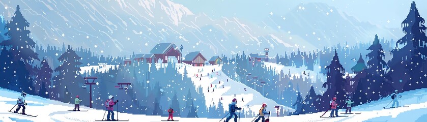 Pixelated winter sports scene, ski slopes, skiers, and snowboarders