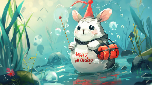 A cartoon rabbit is wearing a birthday hat