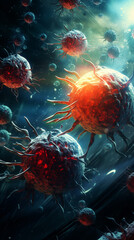 Dramatic visualization of cancer cells under attack by chemotherapy agents, dark and moody background enhancing the battle scene