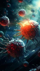 Fotobehang Dramatic visualization of cancer cells under attack by chemotherapy agents, dark and moody background enhancing the battle scene © PARALOGIA