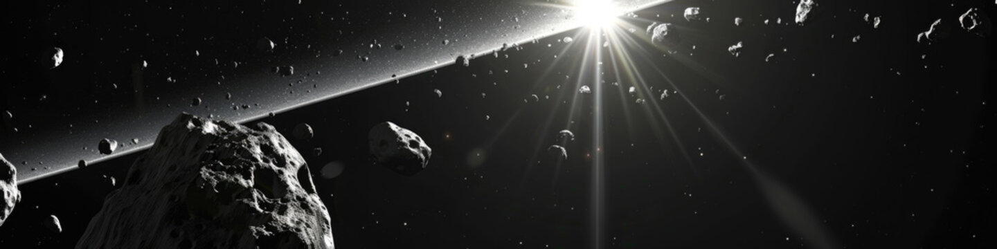 A monochrome image showing a space station orbiting Earth in the vastness of space, with solar panels gleaming in the sunlight