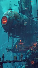 Underwater pixel marine research station, scientists, submersibles