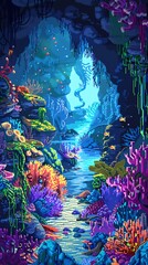 Underwater pixel scene with mermaids, colorful coral, and hidden caves