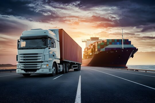 Transportation and logistic industry represented by truck, container ship