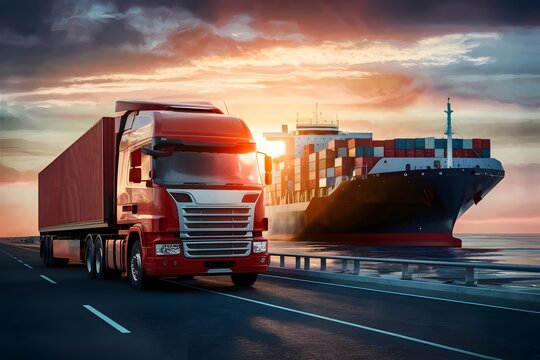 Transportation and logistic industry represented by truck, container ship